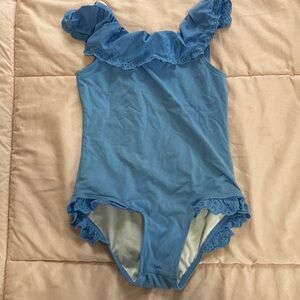 The Beaufort Bonnet Company Blue Lace Trim Kids Swim One Piece